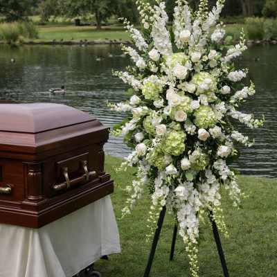 White funeral spray beside a casket outdoors by a lake