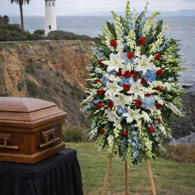 Standing funeral spray with white lilies, red roses, and blue flowers beside a casket