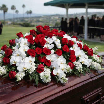 Red roses and white orchids arranged on a casket outdoors