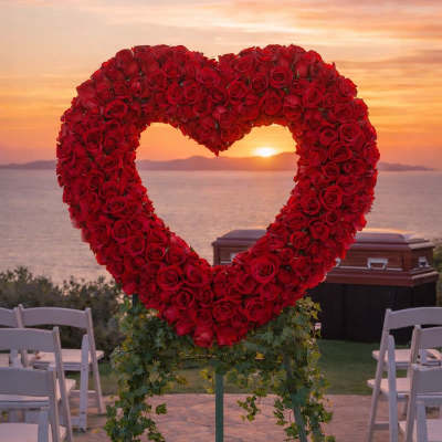 Heart-shaped red rose floral display at an outdoor ceremony