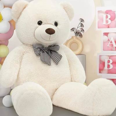Large white teddy bear with a black checkered bow, surrounded by pastel balloons