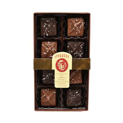 Box of assorted chocolate squares with sea salt