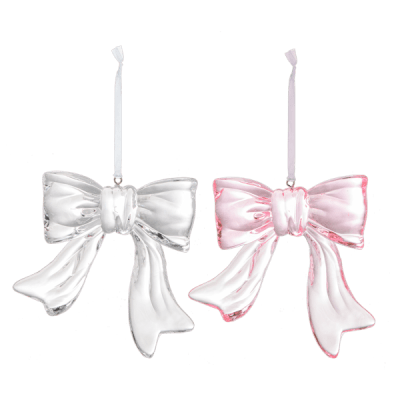 Two satin bow ornaments, one white and one pink, with hanging loops