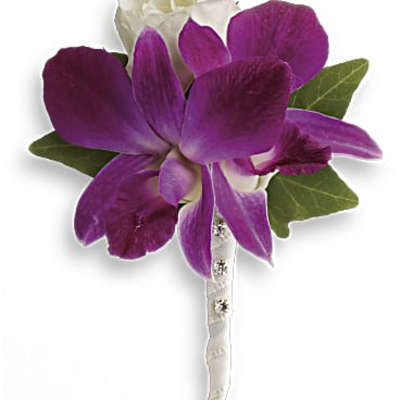 Purple and white orchid boutonniere with a ribbon-wrapped stem
