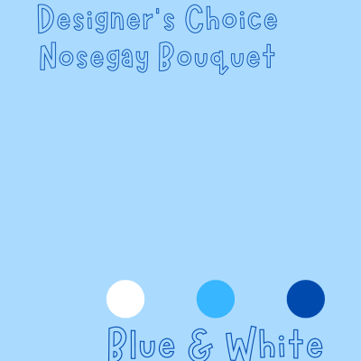 Blue and white designer's choice nosegay bouquet graphic on a light blue background