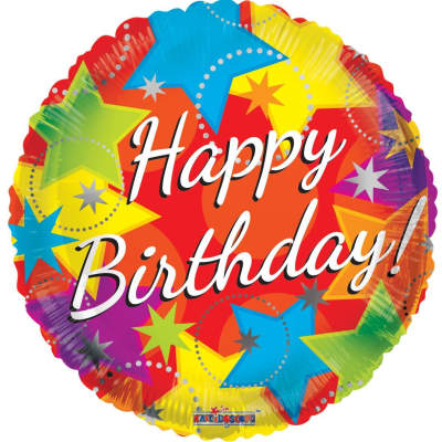 Round birthday balloon with colorful stars and "Happy Birthday" text