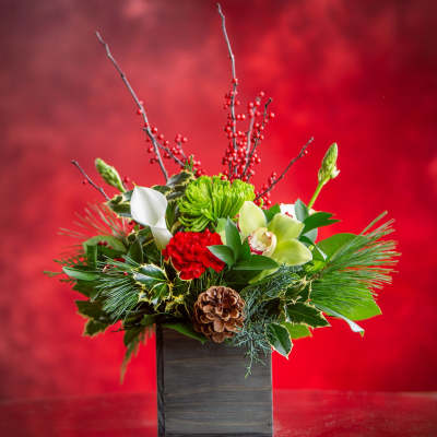 Holiday floral arrangement in a dark square vase with red, white, and green blooms