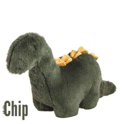 Plush green dinosaur toy with yellow back spikes