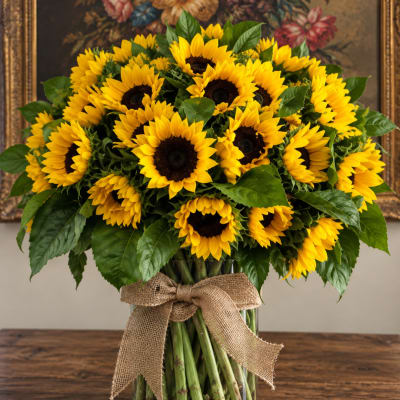 Bouquet of yellow sunflowers tied with a burlap ribbon