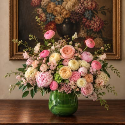Pink and cream flower arrangement in a green glass vase