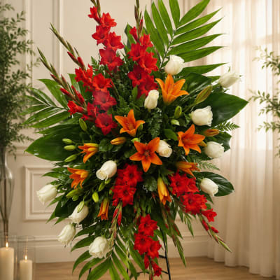 Tall floral standing spray with red and orange blooms and white roses