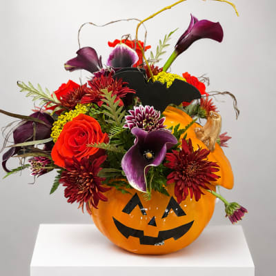 Halloween pumpkin container filled with purple calla lilies and red flowers