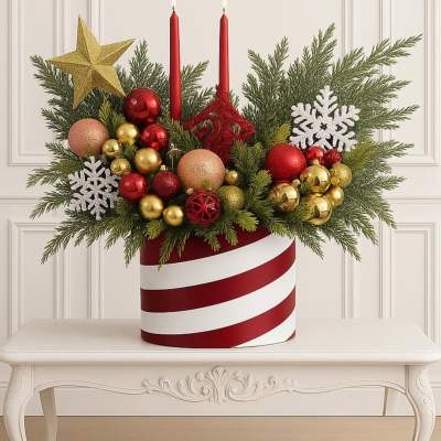 Christmas arrangement with red candles, ornaments, and evergreen branches in a striped container