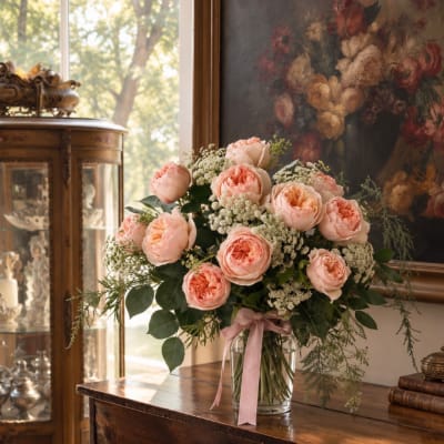 Blush pink roses in a clear glass vase with a pink ribbon