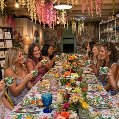 Women seated at a flower-filled table with cups and plates in a decorated room