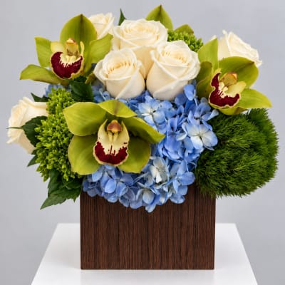 White roses, blue hydrangeas, and green orchids in a square wooden vase