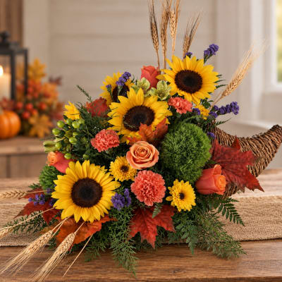Autumn floral arrangement with sunflowers, roses, and wheat in a basket