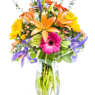 Colorful mixed bouquet in a clear glass vase