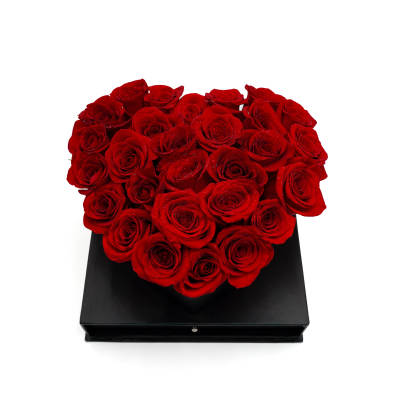 Red Roses & Chocolates In a Cube Black Box