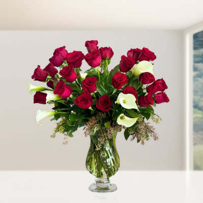 Be Still My Heart - 24 red roses & white mini callas