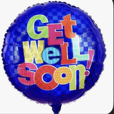 Round blue balloon with colorful "Get Well Soon!" text