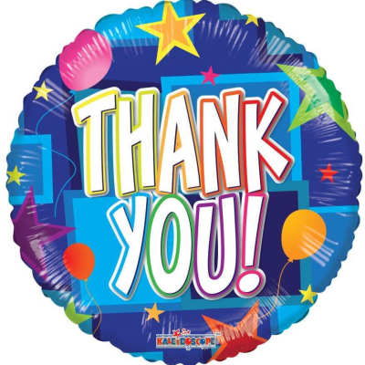 Round foil balloon with colorful "THANK YOU!" text and stars