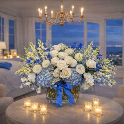 Large white and blue floral arrangement in a glass vase on a table
