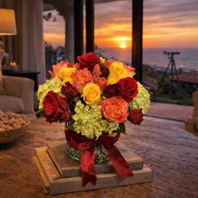 Bouquet of red, yellow, and orange roses in a glass vase with a ribbon