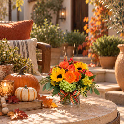 Fall bouquet in a glass vase with sunflowers, orange roses, and pumpkins nearby