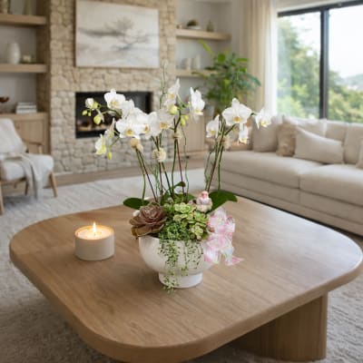 White orchids and succulents in a white bowl on a coffee table beside a lit candle.