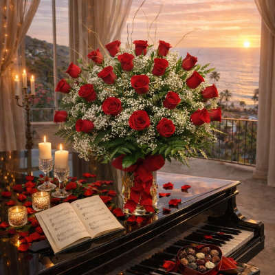 Large bouquet of red roses in a glass vase on a piano with candles and rose petals.
