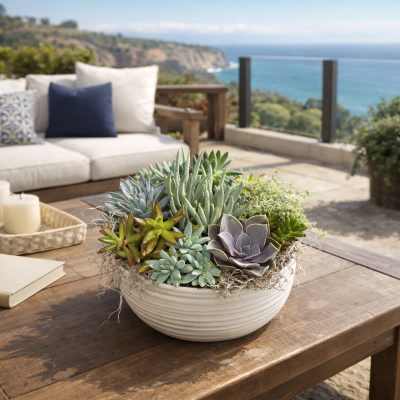 Succulent arrangement in a white bowl on a wooden table