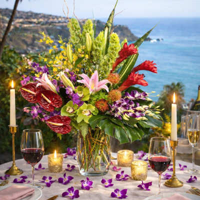 Tropical floral centerpiece in a glass vase on a candlelit table