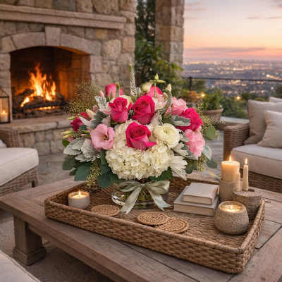 Pink and white floral centerpiece in a glass vase on a tray