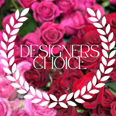 Pink and red roses with a "Designers Choice" overlay