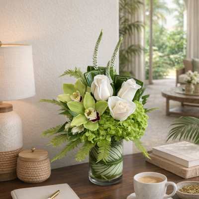 White roses and green orchids in a glass vase