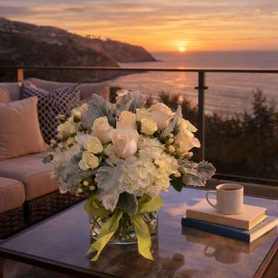 White rose and hydrangea bouquet in a glass vase on a table