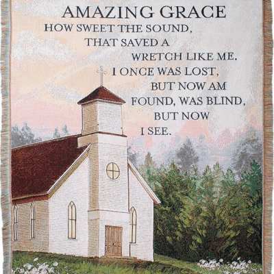 Woven throw blanket with a church scene and the words Amazing Grace