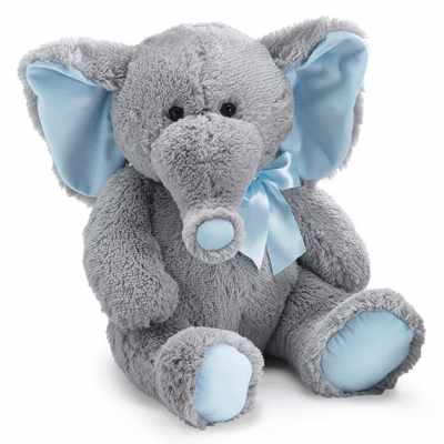 Gray plush elephant with light blue ears and ribbon