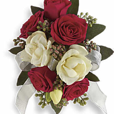 Red and white rose bouquet with silver ribbon