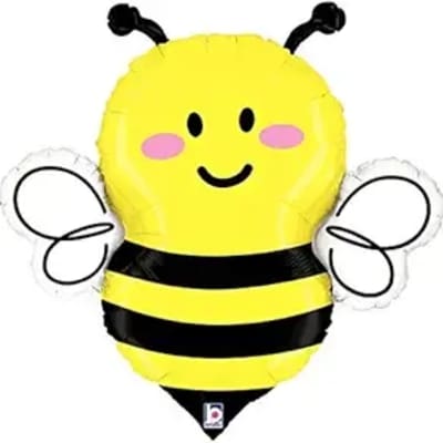 Bee-shaped yellow and black balloon with a smiling face