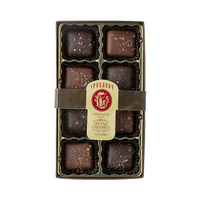 Box of sea salt caramel chocolates in individual trays