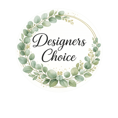 Round badge with eucalyptus wreath and the words "Designers Choice"