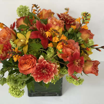 Orange and red mixed flowers arranged in a square glass vase
