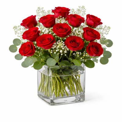 Red roses arranged in a clear square glass vase
