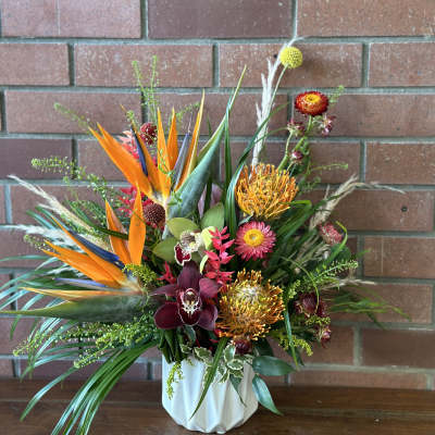 Tropical arrangement with orange birds of paradise, protea, and orchids in a white ceramic vase
