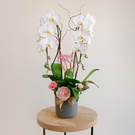 White orchids in a gray vase with pink flowers and a MOM sign