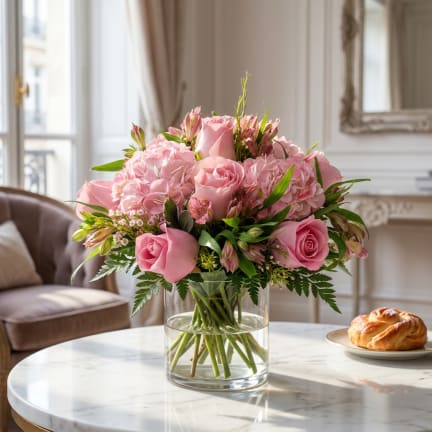 Pink roses and hydrangeas arranged in a clear glass vase