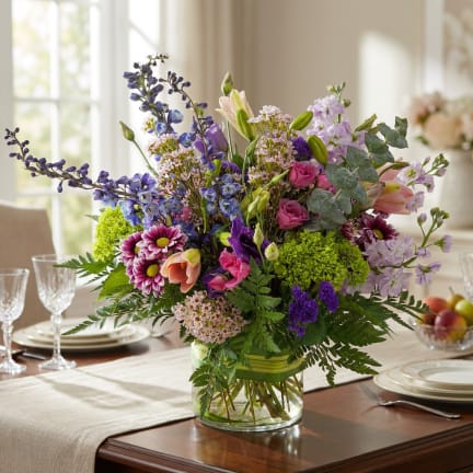 Mixed bouquet in a clear glass vase with purple, pink, and green flowers
