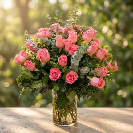 Pink roses arranged in a clear glass vase with eucalyptus
